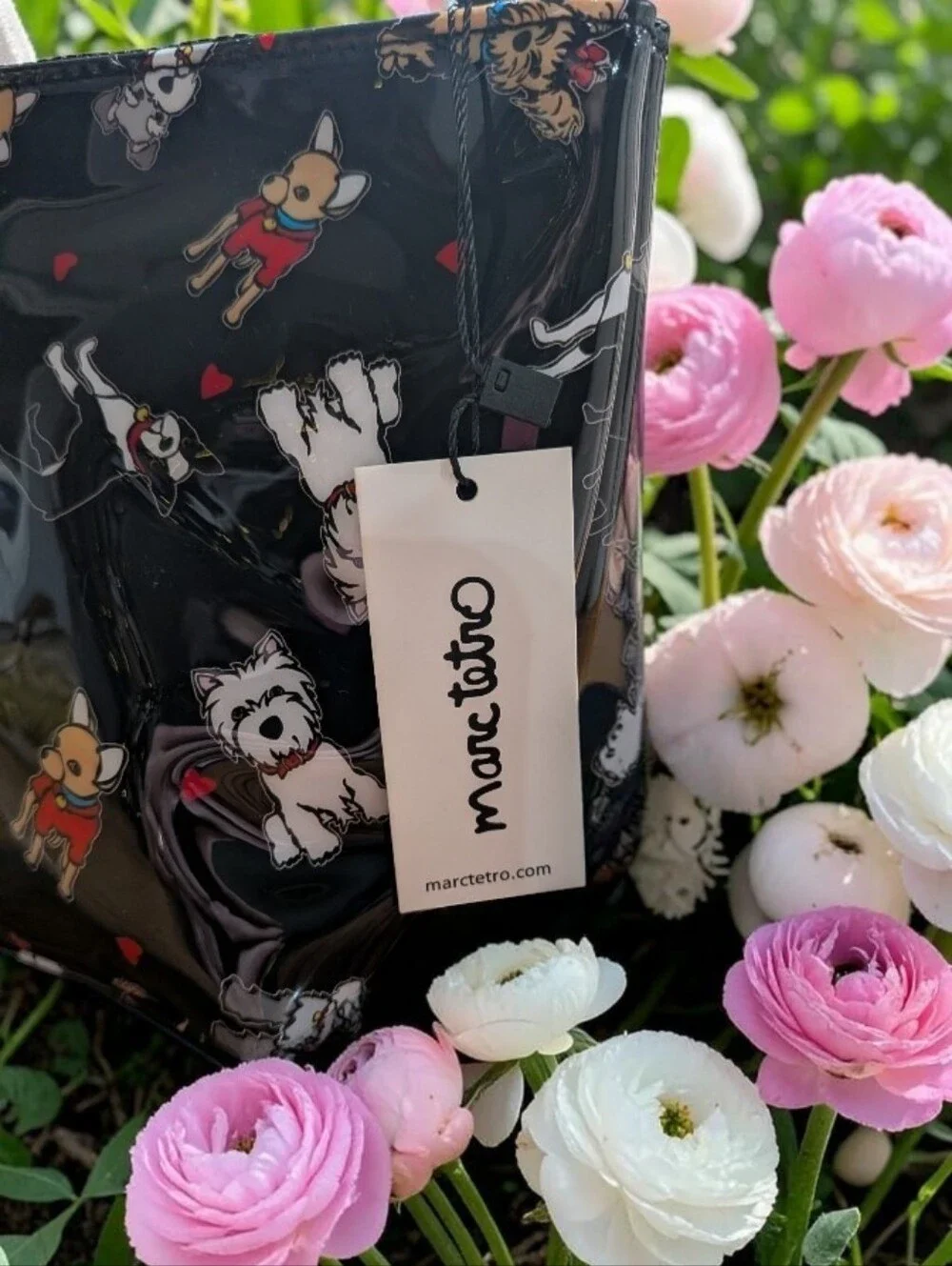 NWT Marc Tetro Black Patent Vinyl Cosmetic Pouch with Dog Print